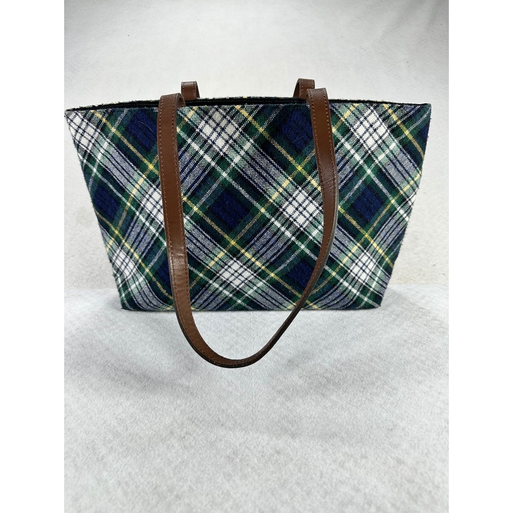 Margaret Smith Plaid Tote Bag Blue Green Woven Shoulder Bag Gardiner Maine